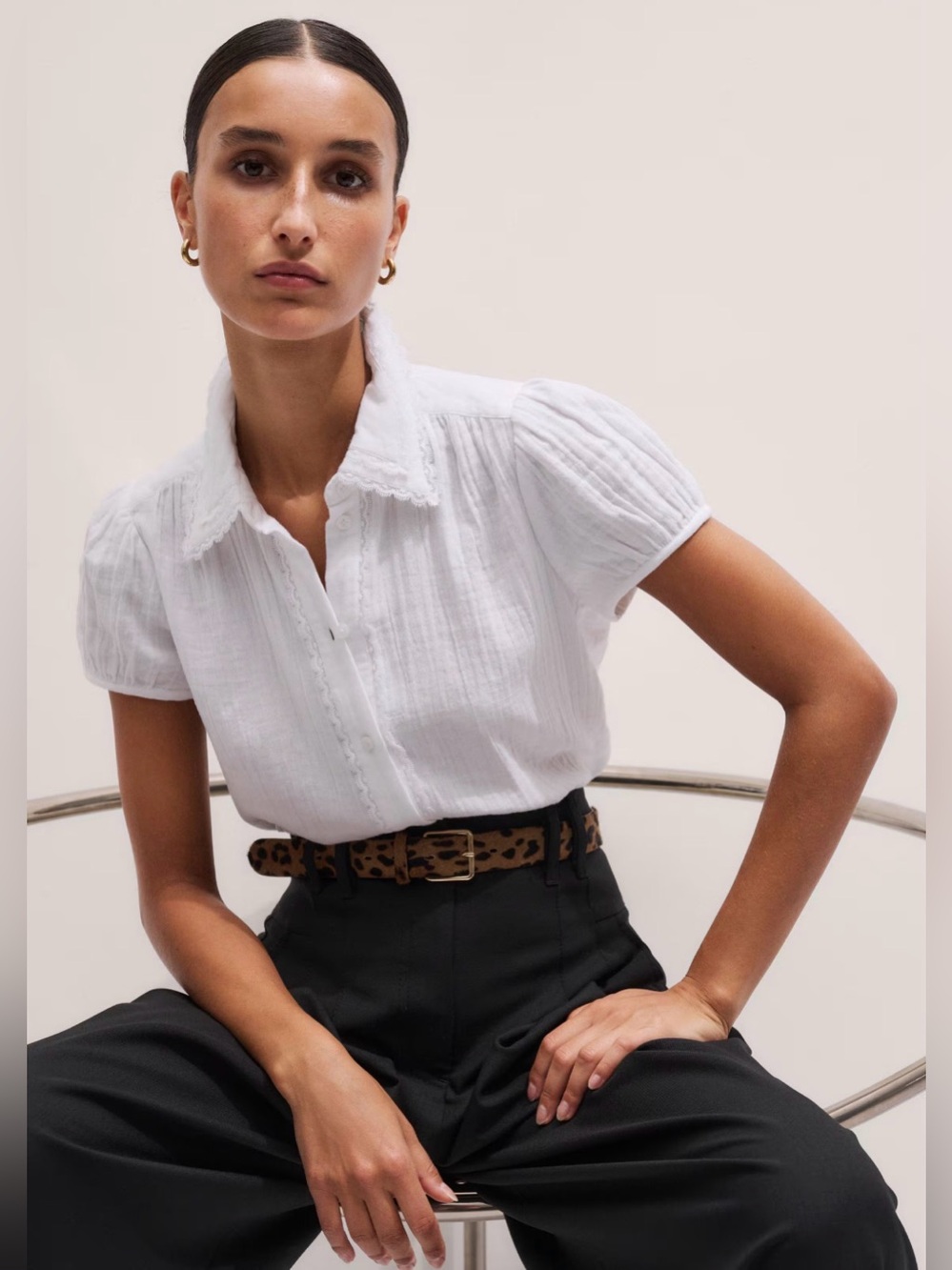 ME+EM White Pintuck Short-Sleeve Button Blouse size 4